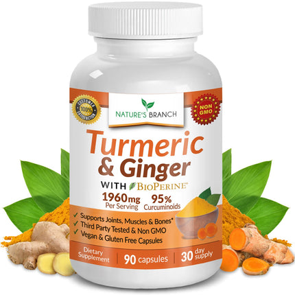 Turmeric and Ginger Supplement for Joint Support & Muscle Comfort – 1960mg Organic Turmeric Curcumin with BioPerine Black Pepper Extract for Men & Women, 95% Curcuminoids, Vegan Non GMO – 90 Capsules