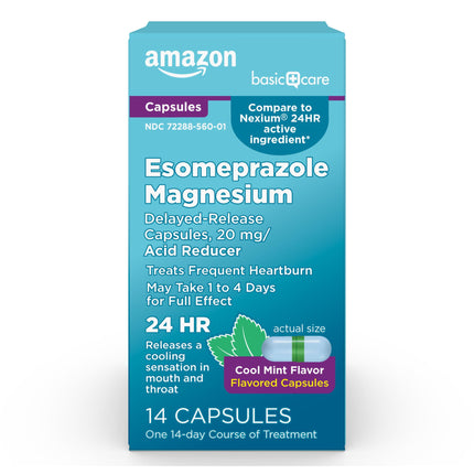 Amazon Basic Care Esomeprazole Magnesium Delayed-Release Capsules 20 mg, Acid Reducer, Treats Frequent Heartburn, Cool Mint Flavor, 24 Hour Heartburn Medicine, 14 Count