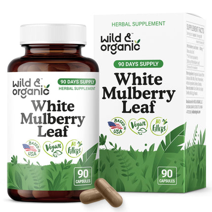 Wild & Organic White Mulberry Leaf Extract Capsules 500 mg - Antioxidant & Overall Support - Natural Mulberry Supplement - Morus Alba Leaf Powder - Vegan, No Fillers, Non-GMO - 90 Count