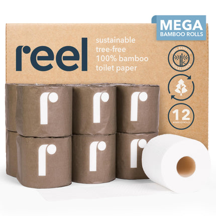 Reel Premium Bamboo Toilet Paper - 12 Rolls of Toilet Paper - 3-Ply Made From Tree-Free - Zero Plastic Packaging, Septic Safe