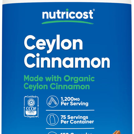 Nutricost Organic Cinnamon (Ceylon Cinnamon) 1,200mg Serving, 150 Capsules - Gluten Free, Non-GMO