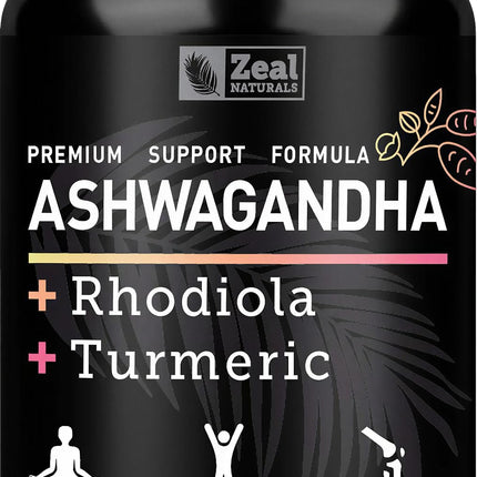 Zeal Organic Adaptogenic Ashwagandha Complex | 2005mg, 90 Capsules | Organic Ashwagandha Root Powder + Rhodiola Rosea + Turmeric | 3-in-1 Stress Relief, Energy & Joint Support Supplement