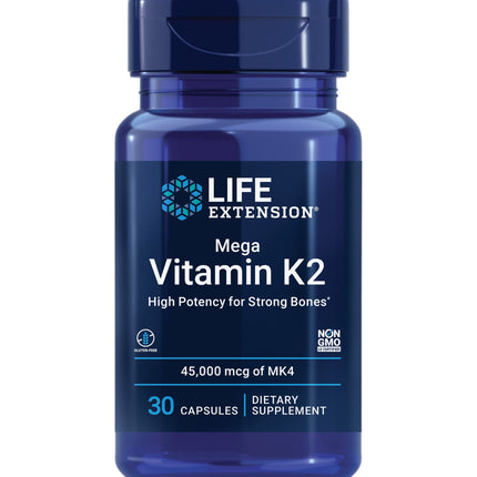 Life Extension Mega Vitamin K2 High Potency for Strong Bones, clinically studied 45 mg K2 dosage, promotes healthy bone density, gluten-free, non-GMO, 30 capsules