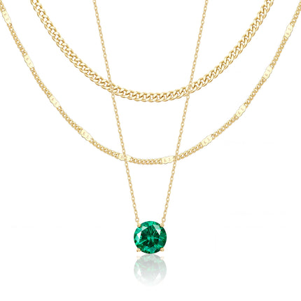 WomenGifts May Created Emerald (Deep Green) Layered Necklace Set, 14K Gold Plated Birthstone Pendant with Choker Cuban Link & Satellite Chain, Personalized Jewelry Gift