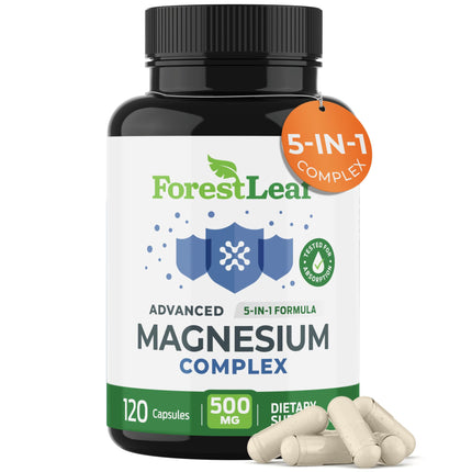ForestLeaf Magnesium Complex for Women and Men - 500mg Magnesium Supplement for Sleep - 5-in-1 Chelated Magnesium Citrate, Bisglycinate, Malate, Taurate, Oxide (120 Ct)