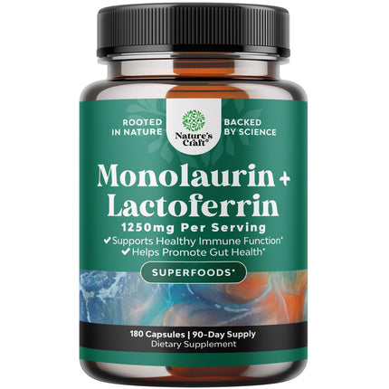 High Strength Lactoferrin & Monolaurin Supplement - Microbiome Digestive Health Immune Support Supplement - 250mg Lactoferrin and Monolaurin 1000mg Capsules - Vegetarian 180 Count (Pack of 1)