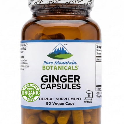Pure Mountain Botanicals Ginger Capsules - 1000mg Organic Ginger Root - 90 Count - Kosher Vegan Non-GMO Gluten Free Supplement
