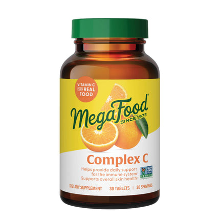 MegaFood Complex C - Vegan Vitamin C Immune Support Supplement, Vitamin C Supplement Made with Real Food Including Orange, Cranberry & Brown Rice, Gluten-Free - 30 Tablets, 30 Servings