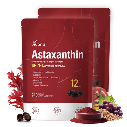 10 in 1 Astaxanthin Supplements 12mg, 8 Month Supply, Astaxantina Antioxidant from Fresh Haematococcus Pluvialis, Contains Lycopene, Grape Seed, Vitamin E, More Supports Eye, Joints, Skin Health, 2Bag