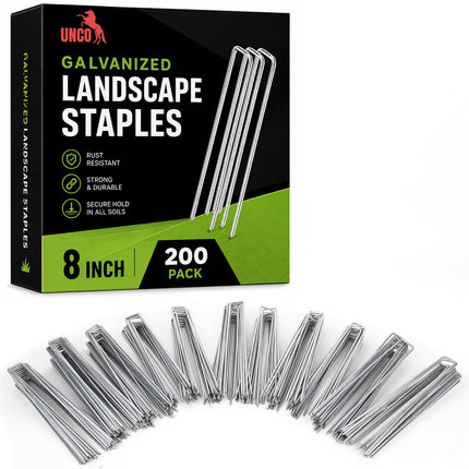 UNCO- Galvanized Landscape Staples, 8 Inch, 200 Pack, Garden Staples, U-Shaped Landscape Pins for Weed Barrier Cover, Ground Cover