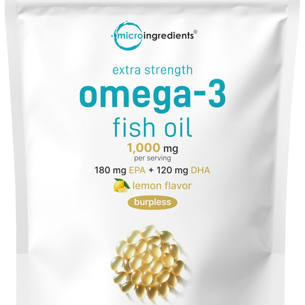 Micro Ingredients Extra Strength* Omega-3 Fish Oil Supplements 1,000mg Per Serving, 300 Softgels | Lemon Flavored | Burpless | EPA 180mg + DHA 120mg | Deep Sea Fish