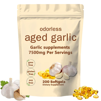 TANSPRESSO Primus Aged Garlic Extract Supplement - 7500mg Odorless Organic Garlic for Heart & Immune Support, Non-GMO, 200 Count Vegetarian Softgels