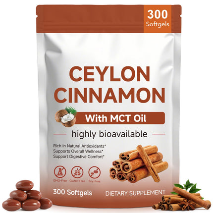 ZXJQLOS Ceylon Cinnamon Softgels with MCT Oil – 300 Softgels | Easy Absorption, Supports Digestive Comfort & Overall Wellness, Non-GMO, Gluten Free, Soy Free