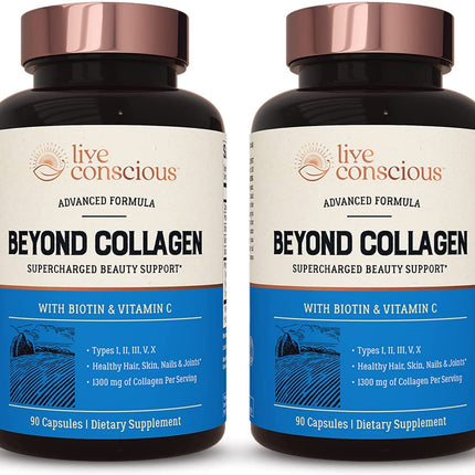 Live Conscious Beyond Collagen Multi Collagen Capsules - Types I, II, III, V & X | Hydrolyzed Blend with Biotin & Vitamin C for Hair, Skin, Nails 90 Capsules (2-Pack)