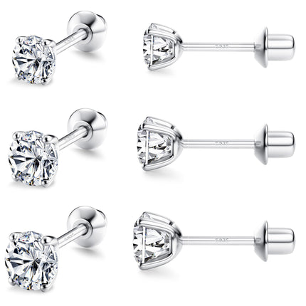 FASACCO 925 Sterling Silver Stud Earrings 18K White Gold Plated Screw Back Earrings for Women Girls Hypoallergenic Cubic Zirconia Earrings Studs 3MM 4MM 5MM Sparkling CZ Silver Over 36 Months Old