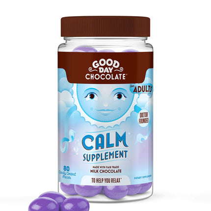 Good Day Chocolate Natural Calming Supplement for Adults, Blend of Camomile, Theanine, Magnesium, Fair Trade and Non-GMO Chocolate, 80 Pieces