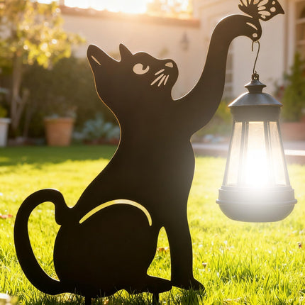Black Cat Solar Lights Outdoor - Cat Lover Gifts for Mom Woman Grandma,Garden Decor with Butterfly Decorative Metal Stake Housewarming Ornament for Yard Pathway Lawn Patio