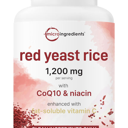 Micro Ingredients Red Yeast Rice with CoQ10 1200mg, 240 Veggie Capsules | Cholesterol Support & Heart Health Supplements* | 4-in-1 with Flush Free Niacin & Fat Soluble Vitamin C | Filler Free, Non-GMO