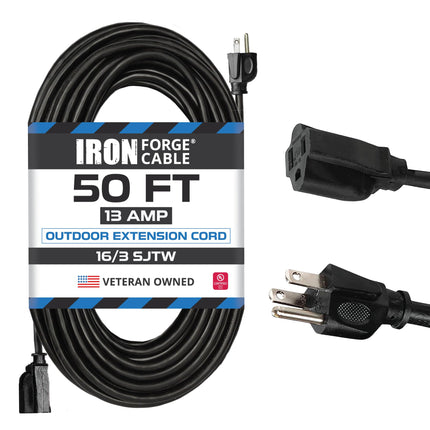 Iron Forge Cable Black Outdoor Extension Cord 50 ft, 16/3, 50 Foot Outdoor Extension Cord, 3 Prong, Weatherproof - Great for Outside Use