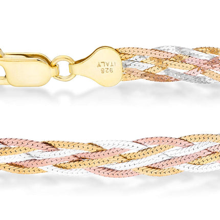 Miabella Italian 925 Sterling Silver, Tri-Color 18K Gold Plated 6-Strand Diamond-Cut 7mm Braided Herringbone Chain Bracelet for Women, Made in Italy (Tri-Color, Length 6.5 Inch)