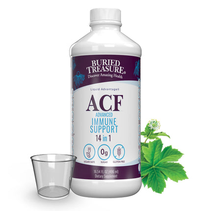 Buried Treasure ACF Immune Support - 16 oz, 16 Servings, Vitamin C, Elderberry, Zinc, Liquid Immune Booster with Vitamins and Minerals w/ Dose Cup