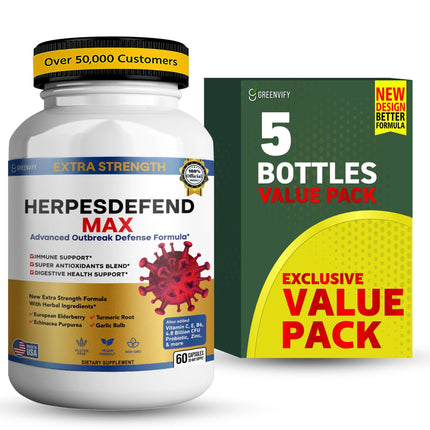 HerpesDefend Max, Extra Strength Advanced Defense Formula, 60 Capsules, with Elderberry, Echinacea, Turmeric, Garlic, Vitamins and Probiotics (5)