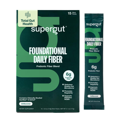 Supergut Foundational Daily Fiber, Vegan & Sugar Free Prebiotic Powder Blend for Gut Health & Digestive Support, Plant Based Supplement for Men & Women with 6g of Fiber, Unflavored, 15 Stick Packs