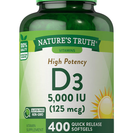 Nature's Truth Vitamin D3 5000 IU Softgels | 400 Count | High Potency | Non-GMO & Gluten Free Supplement