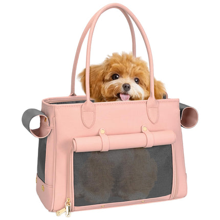 Minsong Fashion Pet Carrier Purse for Small Cat and Dog, Luxury Pu Soft-Sided Tote Bag with Large Pockets for Dogs and Puppies (Pink, 15.8" L x 7.5" W x 11.8" H)