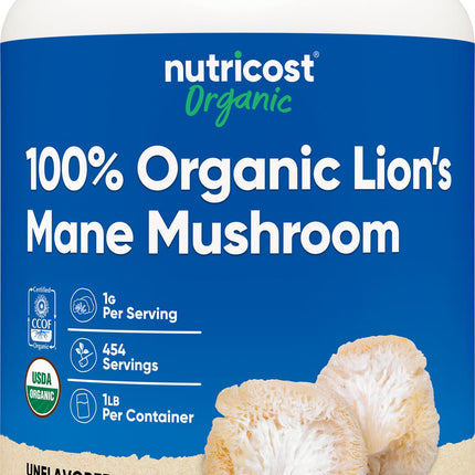 Nutricost Organic Lion's Mane Mushroom Powder 1LB - Certified USDA Organic