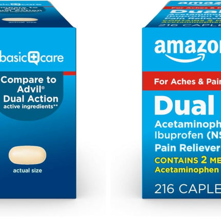 Amazon Basic Care Dual Action Acetaminophen 250 mg and Ibuprofen (NSAID) 125 mg Tablets, Pain Reliever for Headache, Backache, Menstrual Cramp, Arthritis Pain Relief, 216 Count (Pack of 2)