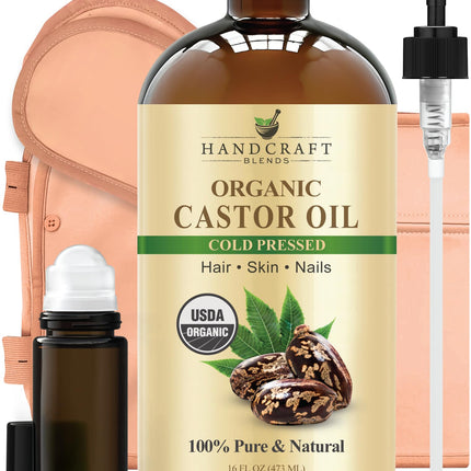 Handcraft Blends Cold-Pressed Organic Castor Oil 16 Fl Oz | Glass Bottle | Roll on Bottle | Reusable Wraps | Durable Comfortable Pack Wraps | Adjustable Elastic Straps | Neck and Stomach