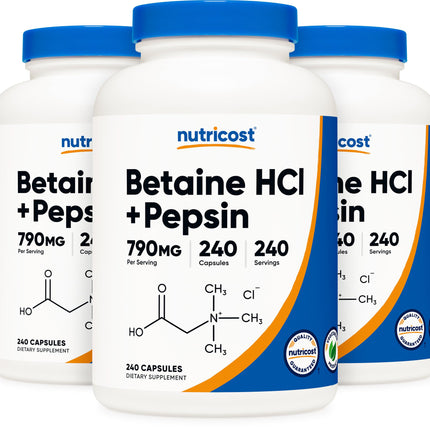 Nutricost Betaine HCl + Pepsin 790mg, 240 Capsules, 3 Bottles (720 Capsules)