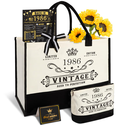 YeohJoy 40th Birthday Gifts for Women Canvas Tote Bag Travel Gear, Unique 40 Years Old Birthday Gifts for Mom Wife Aunt Friends Her, Vintage 1986 Handbag & Cosmetic Bag & Back in 1986 Poster