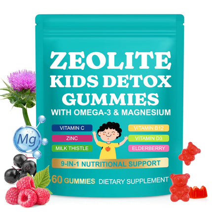 Zeolite Kids Gummies, Zeolite Detox for Kids with Zeolite, Omega-3, Elderberry, Vitamin C, Vitamin D3, Zinc, B12, for Energy, Focus, Digestive, Immune, Sugar Free (Mixed Berry Flavor-60 Gummies)
