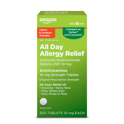 Amazon Basic Care All Day Allergy, Cetirizine Hydrochloride Tablets, 10 mg, 24-Hour Relief for Allergy, 300 Count (Packaging may vary)