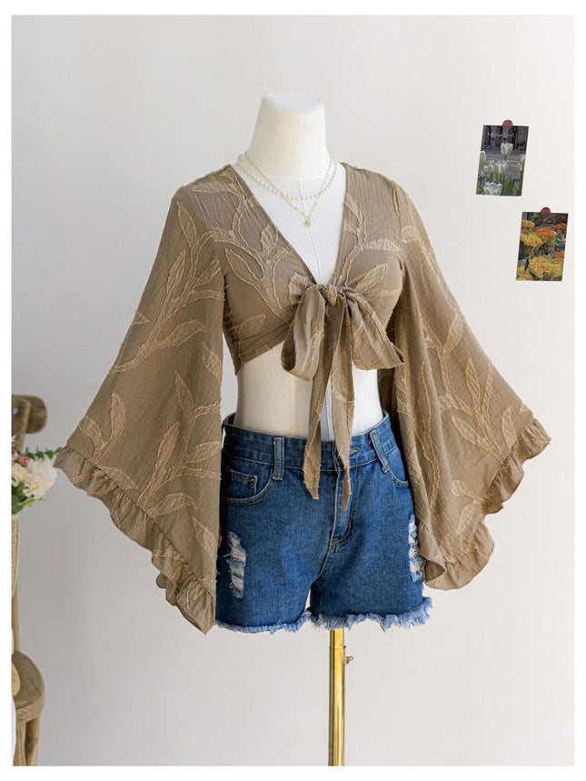 BEAUDRM Women's Boho Tops Wrap Western Country Concert 70s Outfits Tie Front Long Bell Sleeve Tops Hippie Disco Clothes Coffee Brown Medium