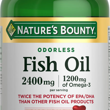 Nature's Bounty Odorless Fish Oil, 1200mg Omega-3 per Serving Including EPA & DHA, Supports Heart Health, Purified to Eliminate Mercury, Coated Softgels, Gluten Free, No Shellfish, 90 Ct