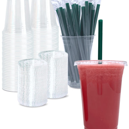 20 oz Clear Plastic Cups with Lids and STRAWS, Disposable Drinking Cups for Cold Drinks, Iced Coffee, Milkshakes, Smoothies, 25 Sets