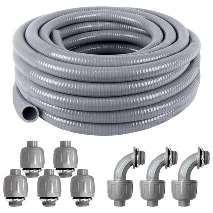 3/4 Inch 25ft Electrical Conduit Kit UL Certification,Flexible Non Metallic Liquid Tight Electrical Conduit,Flexible Metallic Conduit with 5 Straight and 3 90-Degree Conduit Connector Fittings