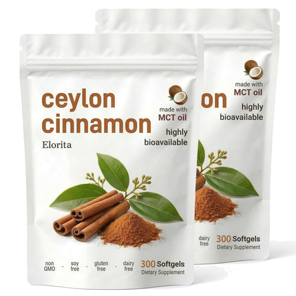Elorita Ceylon Cinnamon Soft Gels with MCT Oil - Highly Bioavailable Herbal Extracts, True Ceylon Cinnamon Supplement, 300 Softgels (2PCS)