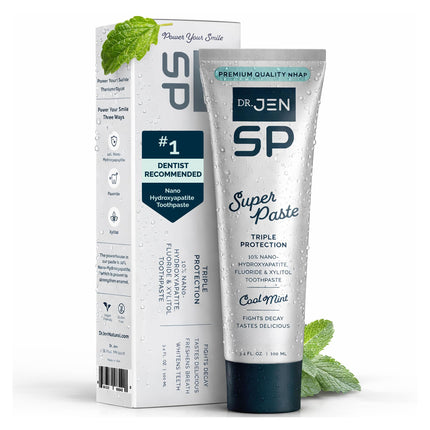 Dr. Jen Super Paste Toothpaste with 10% Premium Nano Hydroxyapatite, Fluoride, Xylitol & Glycerin for Daily Oral Care, Designed for Sensitive Teeth, Vegan, Travel Essentials, Cool Mint Flavor, 1 Pack