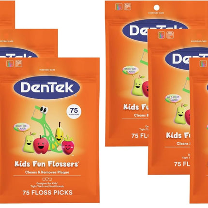 DenTek Fun Flossers – Kids Floss Picks with Wild Fruit Flavor, 75 Count (Pack of 12)