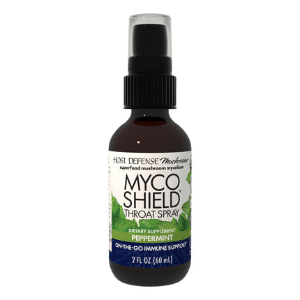 Host Defense MycoShield Throat Spray - Immune Health Support - Dietary Mushroom Supplement with Chaga, Reishi, Turkey Tail & More - On-the-Go Immune Support - Peppermint, 2 fl oz (142 Servings)