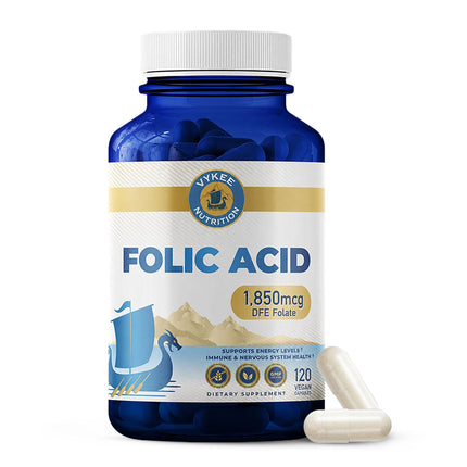 Vykee Nutrition Folic Acid Capsules - Supports Body Processes, Prenatal Health and Energy - Vitamin B9 Supplement for Women - Vegan, Non-GMO, Gluten Free - 1,850 mcg DFE, 120 Count