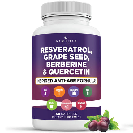 Liberty Lifestyle Resveratrol, Berberine, Grape Seed Extract, Quercetin, Polyphenol Supplement for Women and Men with Noni Extract, N-Acetyl Cysteine, Acai Extract (60 Count)