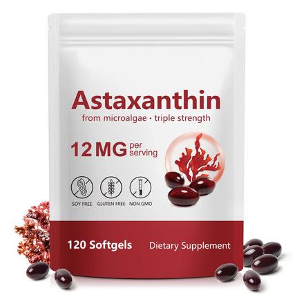 Rulviou Premium Astaxanthin 12mg,120 Softgels | Natural Antioxidant Supplement for Eye, Joint, Skin Health,Microalgae Source | 4 Month Supply | Supports Internal Circulation & Natural Tanning,Non-GMO