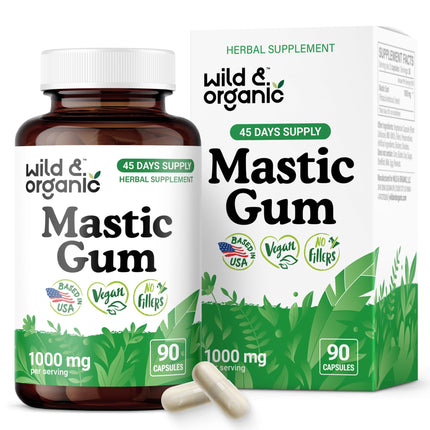 Wild & Organic Mastic Gum Capsules - 1000 mg Mastic Gum Supplement for Gut Support - 45 Days of Supply - 90 Vegan Resin Capsules - No Fillers, Non-GMO, Gluten-Free