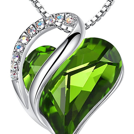 Leafael Gift Necklaces for Women, Infinity Love Birthstone Heart Pendant, Peridot Green Crystal for August, Birthday Jewelry for Her, Mom, and Wife, Silver Plated, 18" + 2" Chain