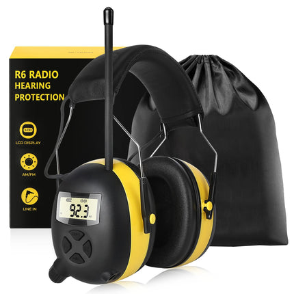 BJKing AM/FM Radio Headphones with Digital Display, 30dB AM FM Hearing Protection Safety Ear Muff, Ear Protection Headphone for Mowing, Landscaping, Shooting and Construction Black-Yellow